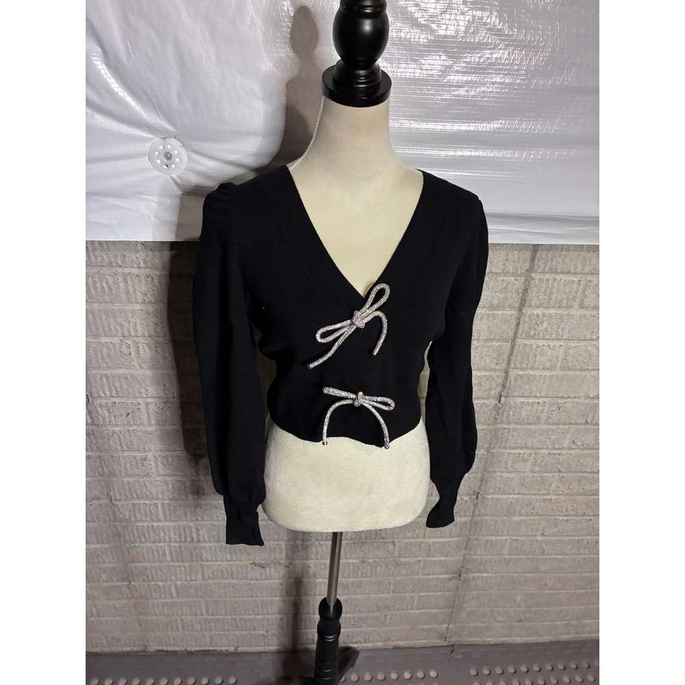 Express Womens Black Rhinestone Bow Cropped Cardigan Puff Sleeve Sweater XS NEW